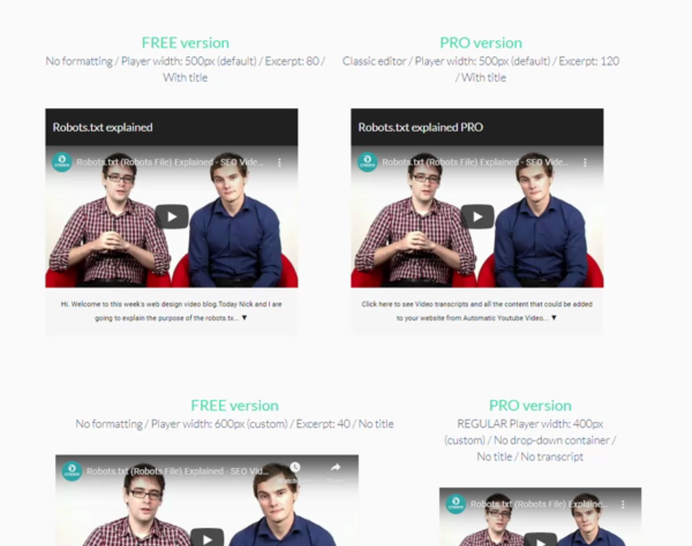 Comparison of VidSEO rendering controls between the free and Pro versions