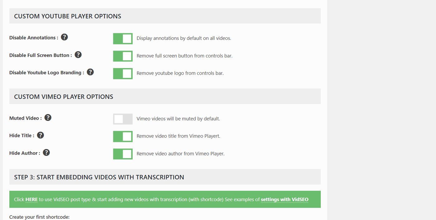 VidSEO player options for YouTube and Vimeo