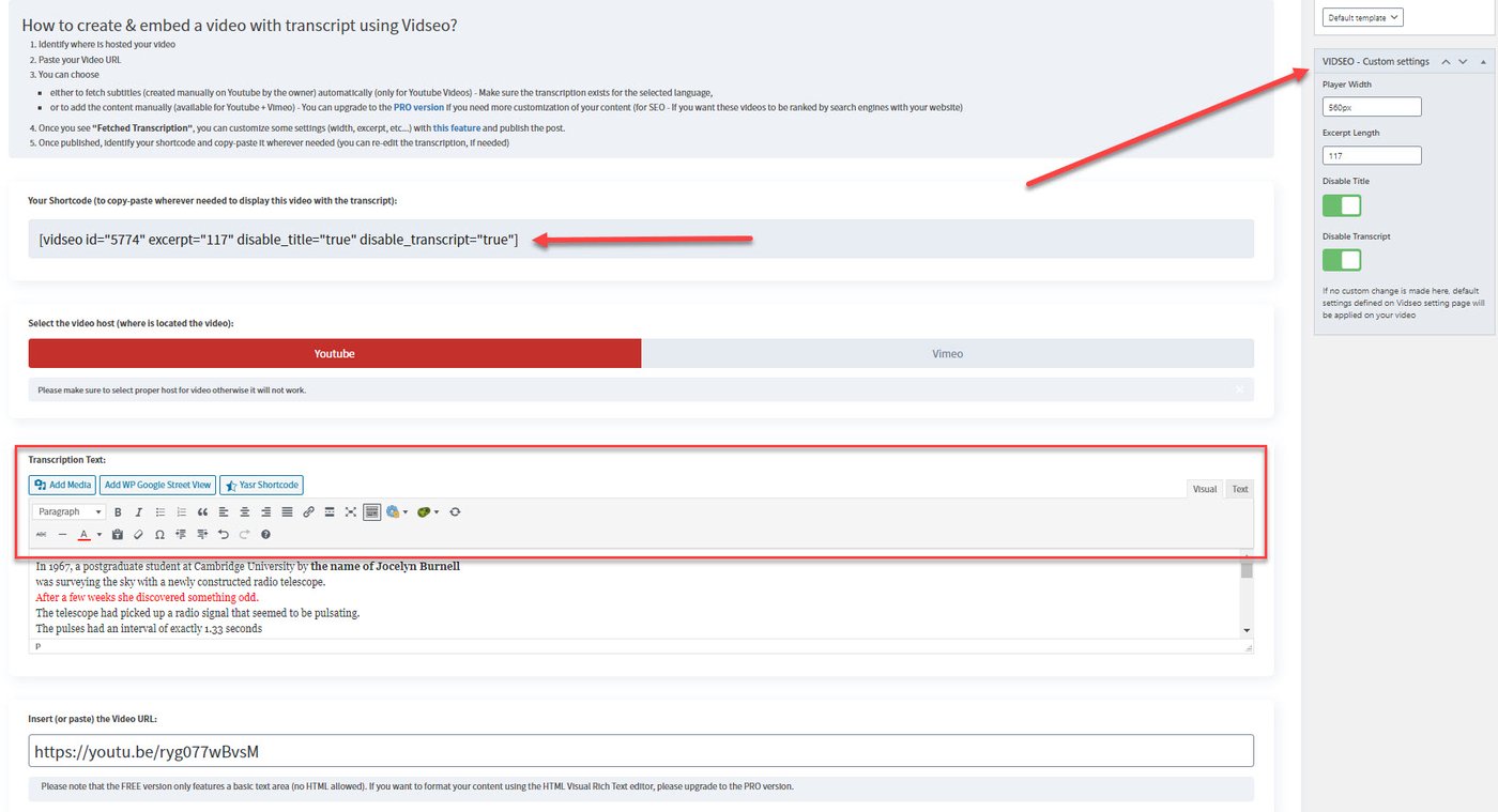 VidSEO editor showing transcript text and shortcode options